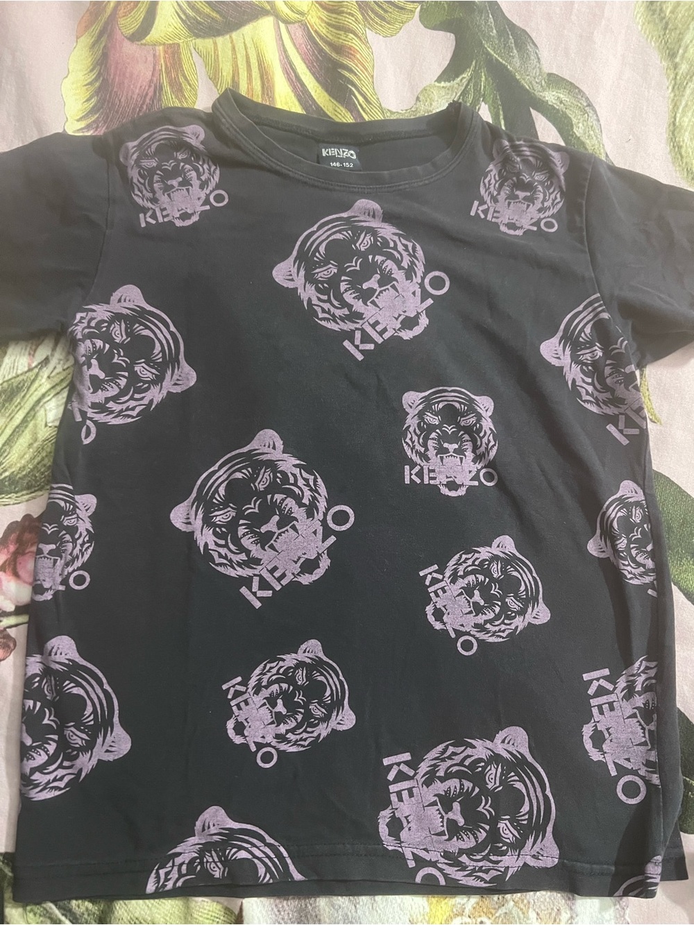 Kenzo Black Tee with Lavender Tiger Motif